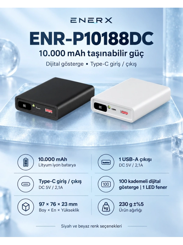 eNeRX ENR-P10188DC 10.000 mAh 2.1A Dijital Göstergeli Powerbank – Beyaz