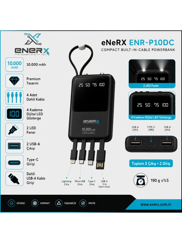eNeRX ENR-P10DC 10.000 mAh 2.1A Dahili Kablolu Powerbank – Siyah