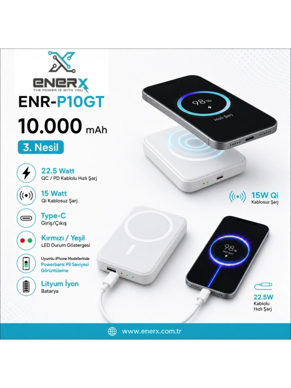 eNeRX ENR-P10GT 10.000 mAh 22.5Watt Hızlı Şarj MagSafe Powerbank