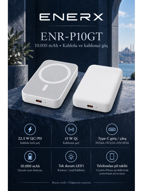 eNeRX ENR-P10GT 10.000 mAh 22.5Watt Hızlı Şarj MagSafe Powerbank