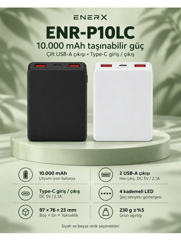 eNeRX ENR-P10LC 10.000 mAh 2.1A Powerbank – Beyaz