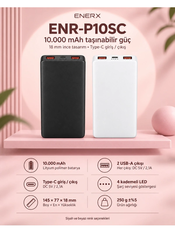 eNeRX ENR-P10SC 10.000 mAh 2.1A Slim Powerbank – Beyaz