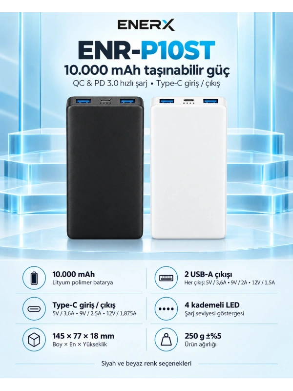 eNeRX ENR-P10ST 10.000 mAh 22.5W Hızlı Şarj Slim Powerbank – Beyaz