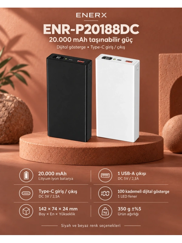 eNeRX ENR-P20188DC 20.000 mAh 2.1A Dijital Göstergeli Powerbank – Siyah