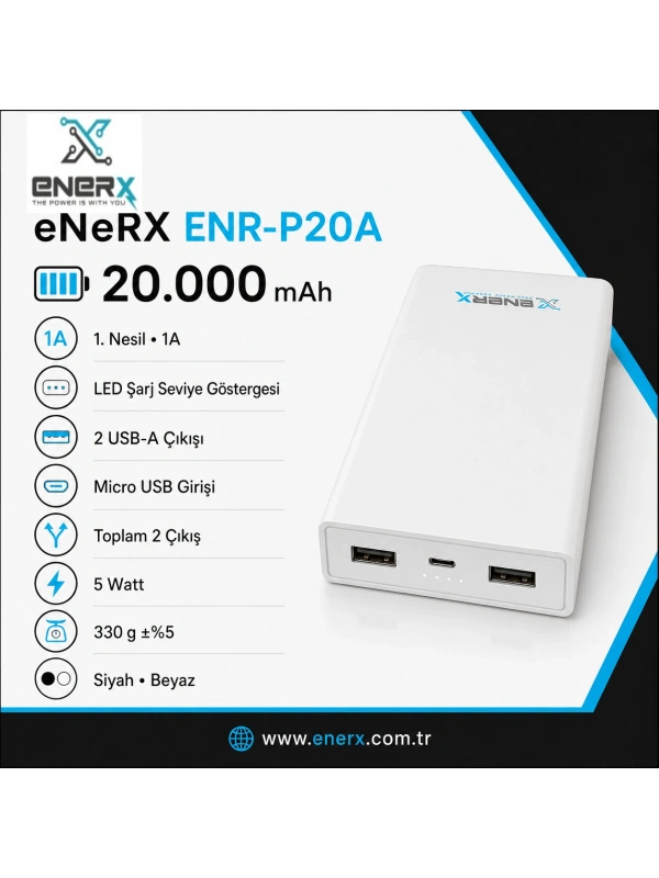 eNeRX ENR-P20A 20.000 mAh 1A Powerbank – Beyaz