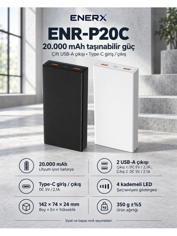 eNeRX ENR-P20C 20.000 mAh 2.1A Powerbank – Beyaz