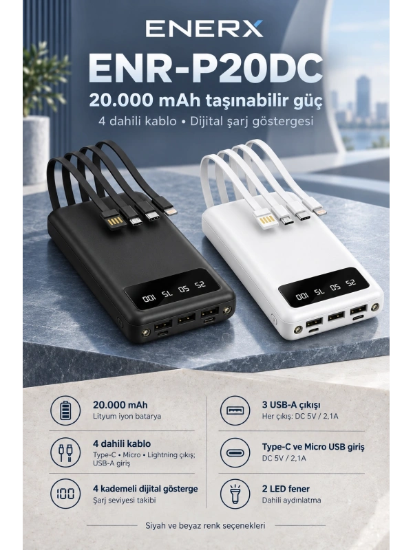 eNeRX ENR-P20DC 20.000 mAh 2.1A Dahili Kablolu Powerbank – Siyah