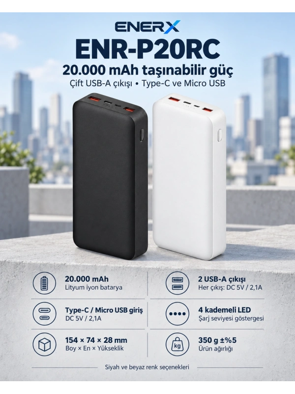 eNeRX ENR-P20RC 20.000 mAh 2.1A Powerbank – Beyaz