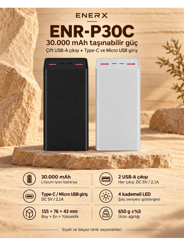 eNeRX ENR-P30C 30.000 mAh 2.1A Powerbank – Beyaz