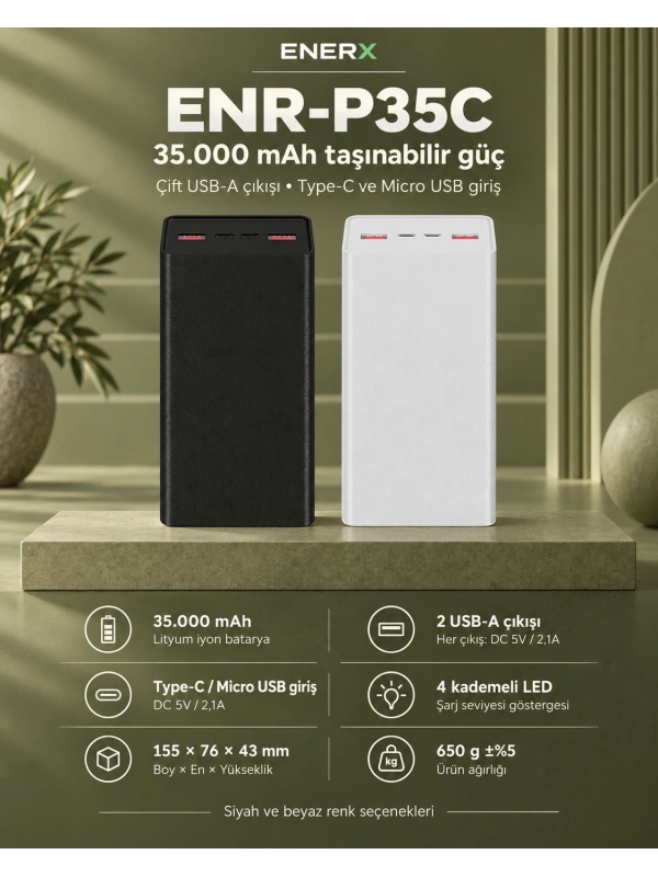 eNeRX ENR-P35C 35.000 mAh 2.1A Powerbank – Beyaz