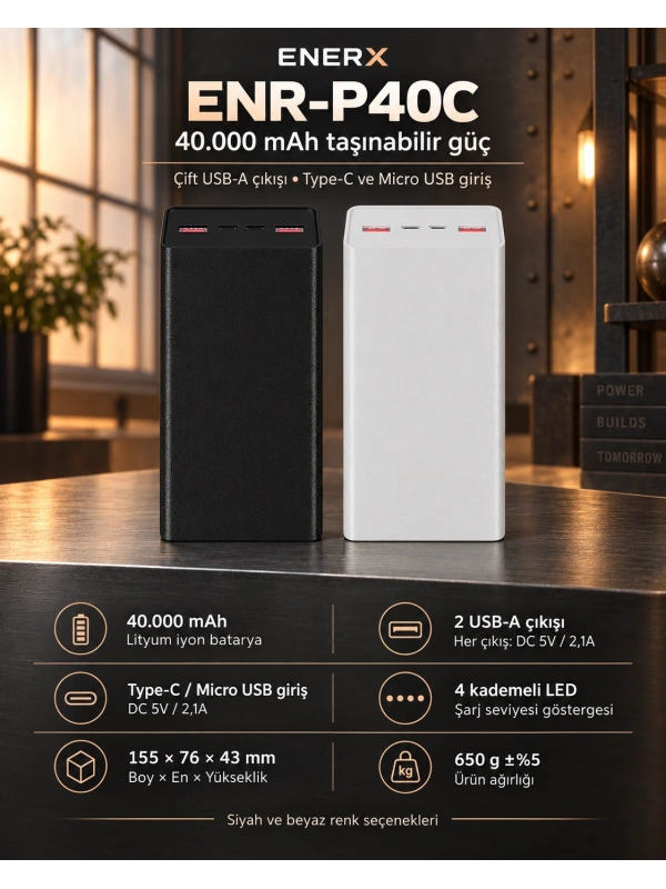 eNeRX ENR-P40C 40.000 mAh 2.1A Powerbank – Siyah