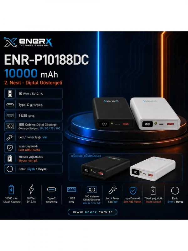 eNeRX ENR-P10188DC 10.000 mAh 2.1A Dijital Göstergeli Powerbank – Siyah