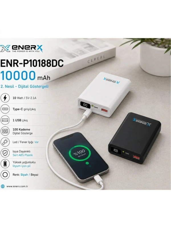 eNeRX ENR-P10188DC 10.000 mAh 2.1A Dijital Göstergeli Powerbank – Beyaz