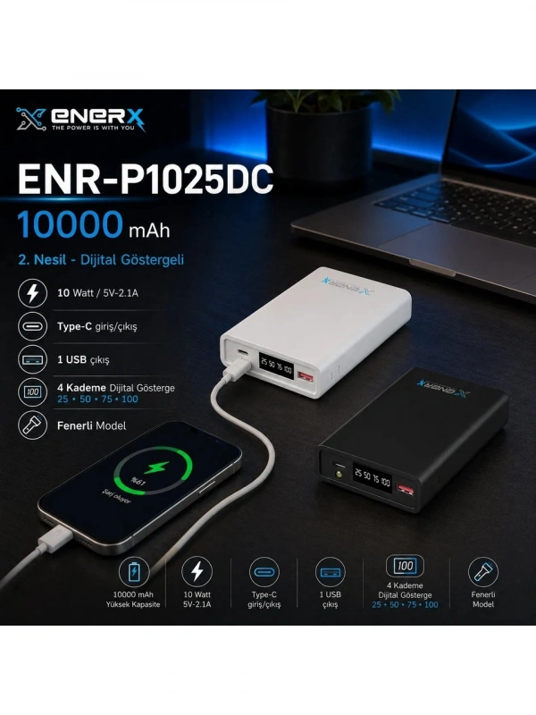 eNeRX ENR-P1025DC 10.000 mAh 2.1A LED Göstergeli Powerbank – Siyah