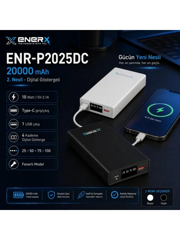 eNeRX ENR-P2025DC 20.000 mAh 2.1A LED Göstergeli Powerbank – Siyah