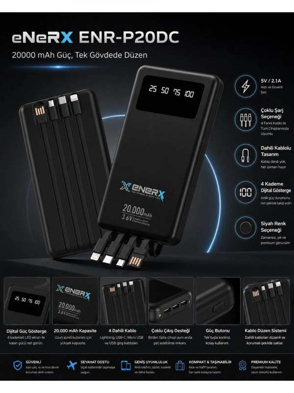 eNeRX ENR-P20DC 20.000 mAh 2.1A Dahili Kablolu Powerbank – Siyah