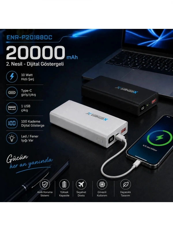 eNeRX ENR-P20188DC 20.000 mAh 2.1A Dijital Göstergeli Powerbank – Beyaz