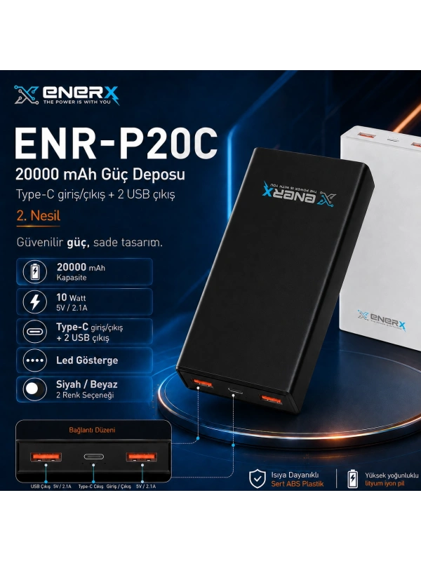 eNeRX ENR-P20C 20.000 mAh 2.1A Powerbank – Siyah