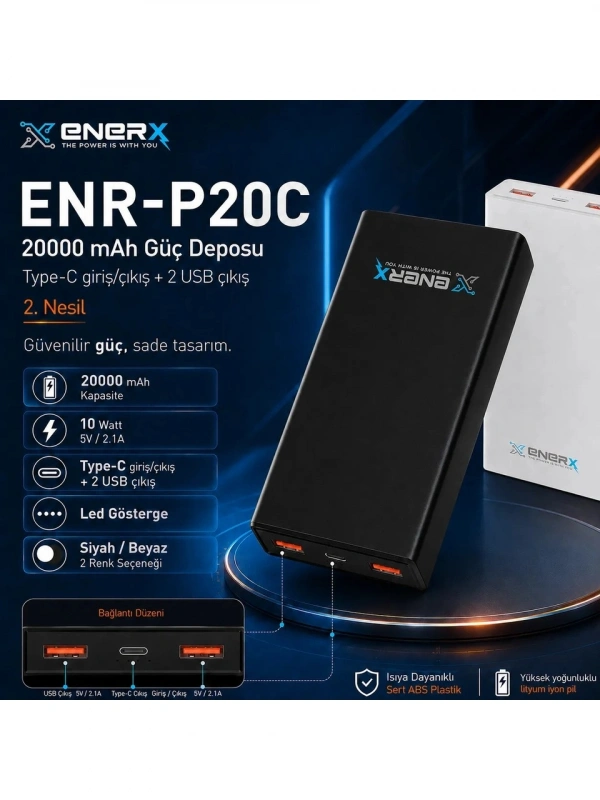eNeRX ENR-P20C 20.000 mAh 2.1A Powerbank – Beyaz