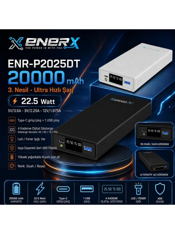 eNeRX ENR-P2025DT 20.000 mAh 22.5Watt Hızlı Şarj LED Göstergeli Powerbank – Beyaz
