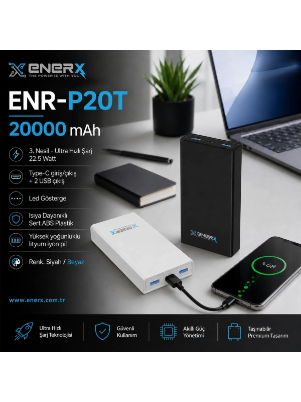 eNeRX ENR-P20T 20.000 mAh 22.5Watt Hızlı Şarj Powerbank – Siyah