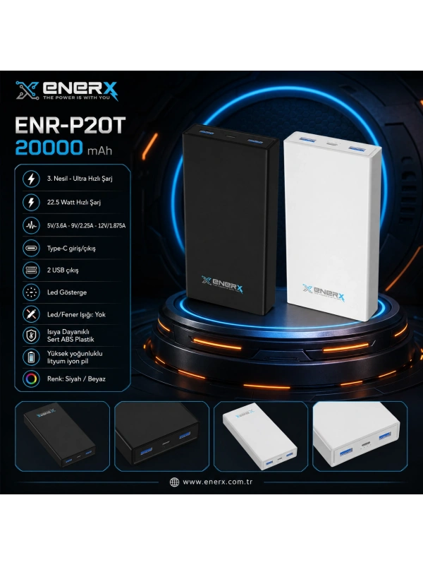 eNeRX ENR-P20T 20.000 mAh 22.5Watt Hızlı Şarj Powerbank – Beyaz