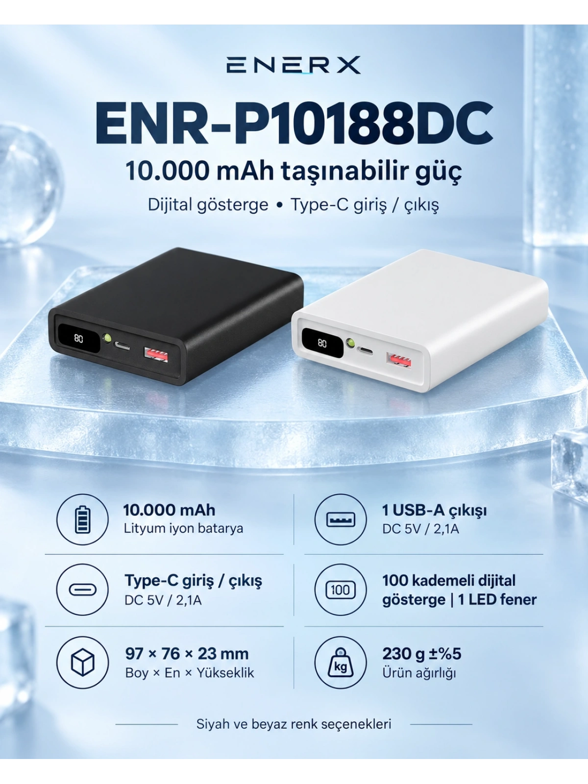 eNeRX ENR-P10188DC 10.000 mAh 2.1A Dijital Göstergeli Powerbank – Siyah