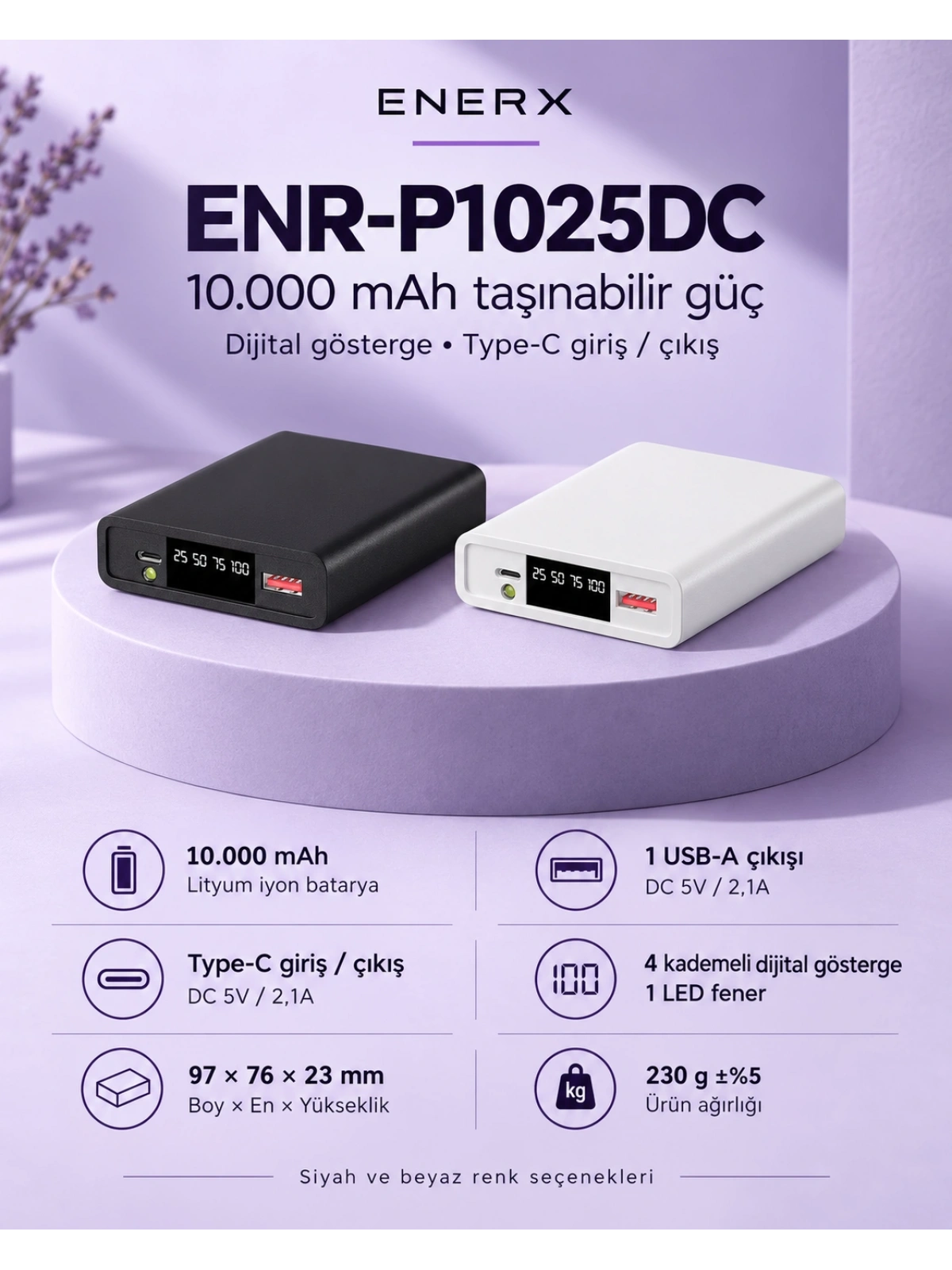 eNeRX ENR-P1025DC 10.000 mAh 2.1A LED Göstergeli Powerbank – Beyaz