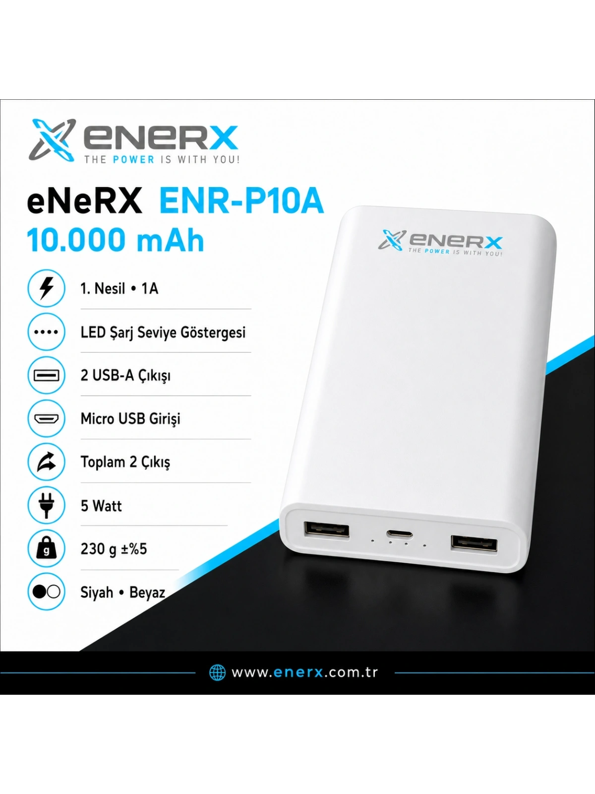 eNeRX ENR-P10A 10.000 mAh 1A Powerbank – Siyah