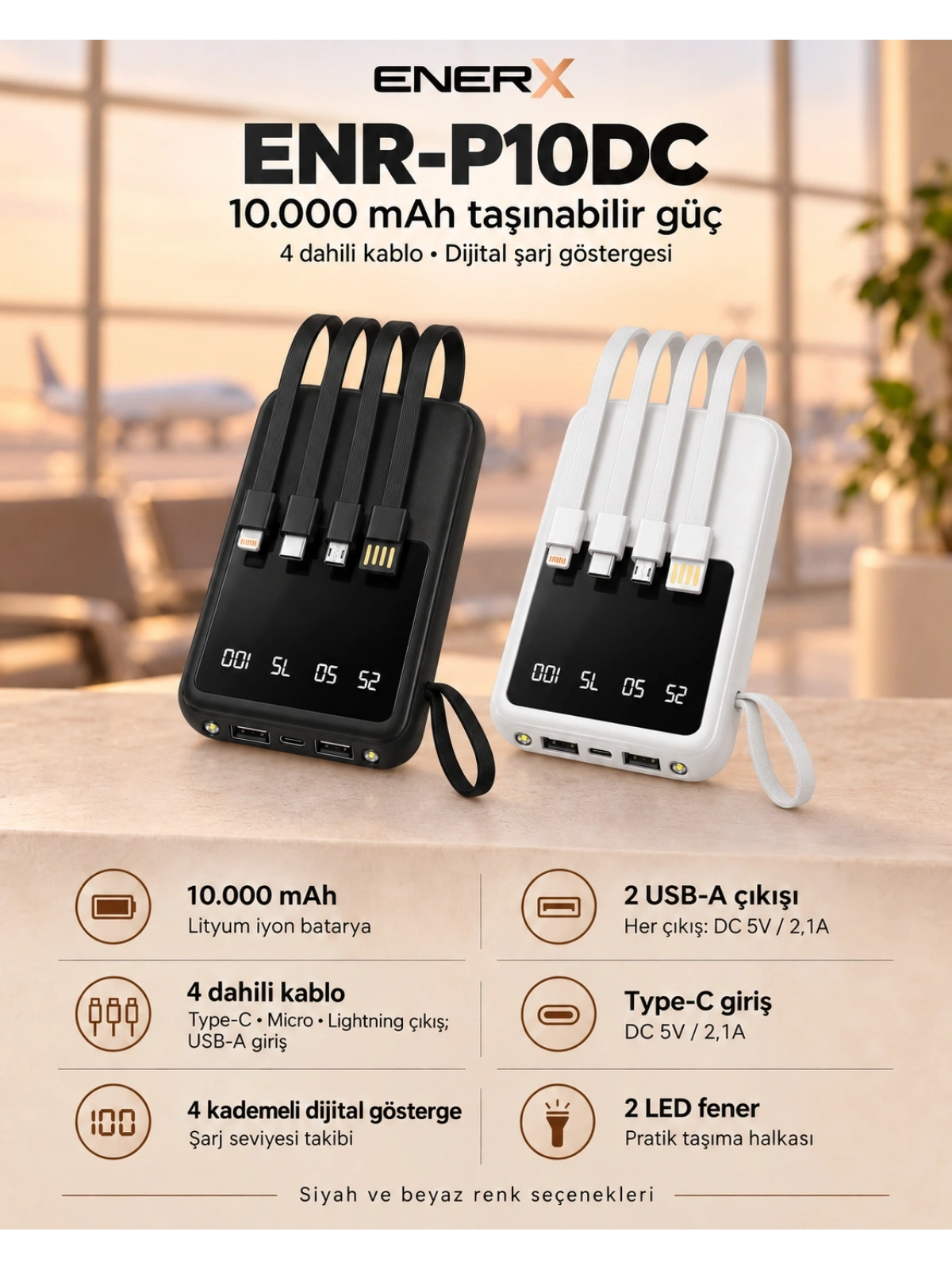 eNeRX ENR-P10DC 10.000 mAh 2.1A Dahili Kablolu Powerbank – Beyaz