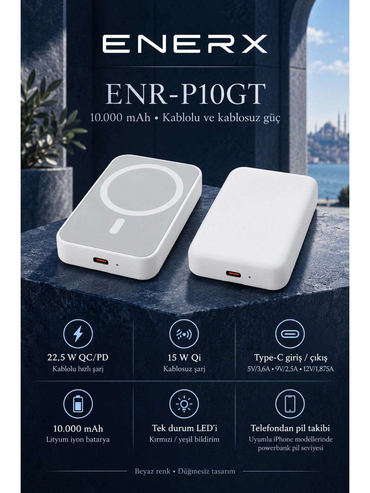 eNeRX ENR-P10GT 10.000 mAh 22.5Watt Hızlı Şarj MagSafe Powerbank