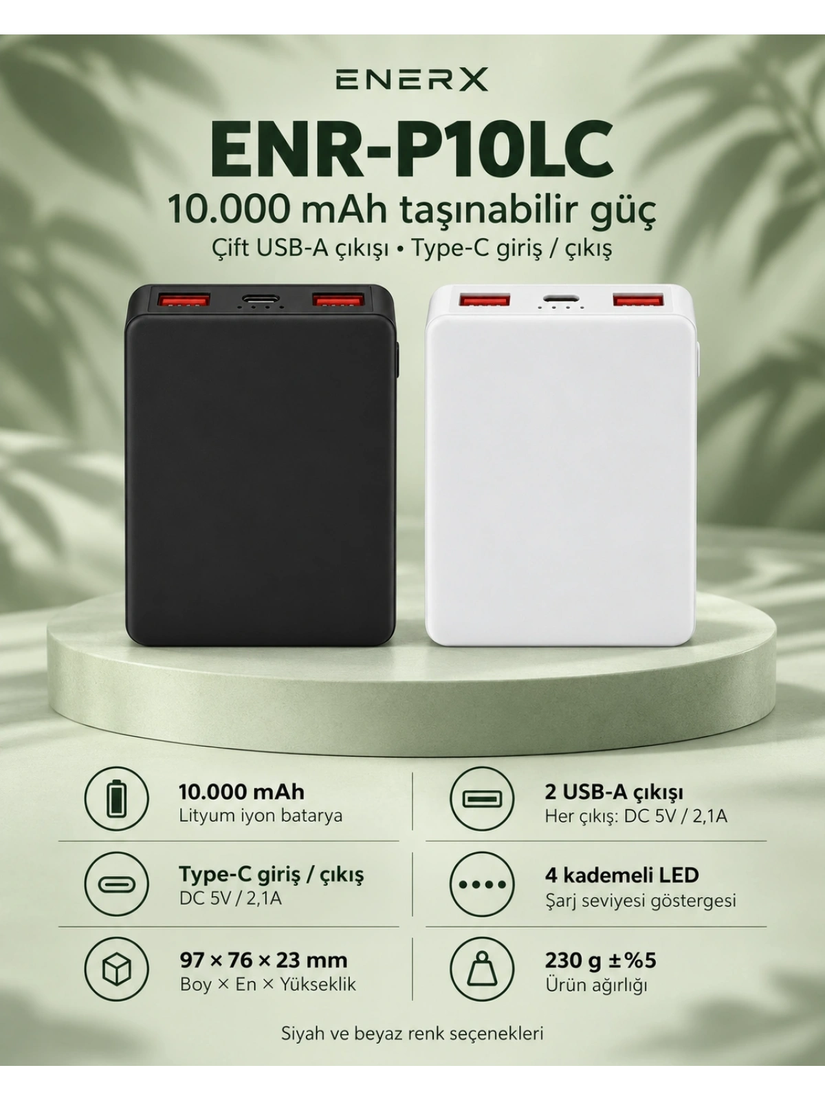eNeRX ENR-P10LC 10.000 mAh 2.1A Powerbank – Beyaz