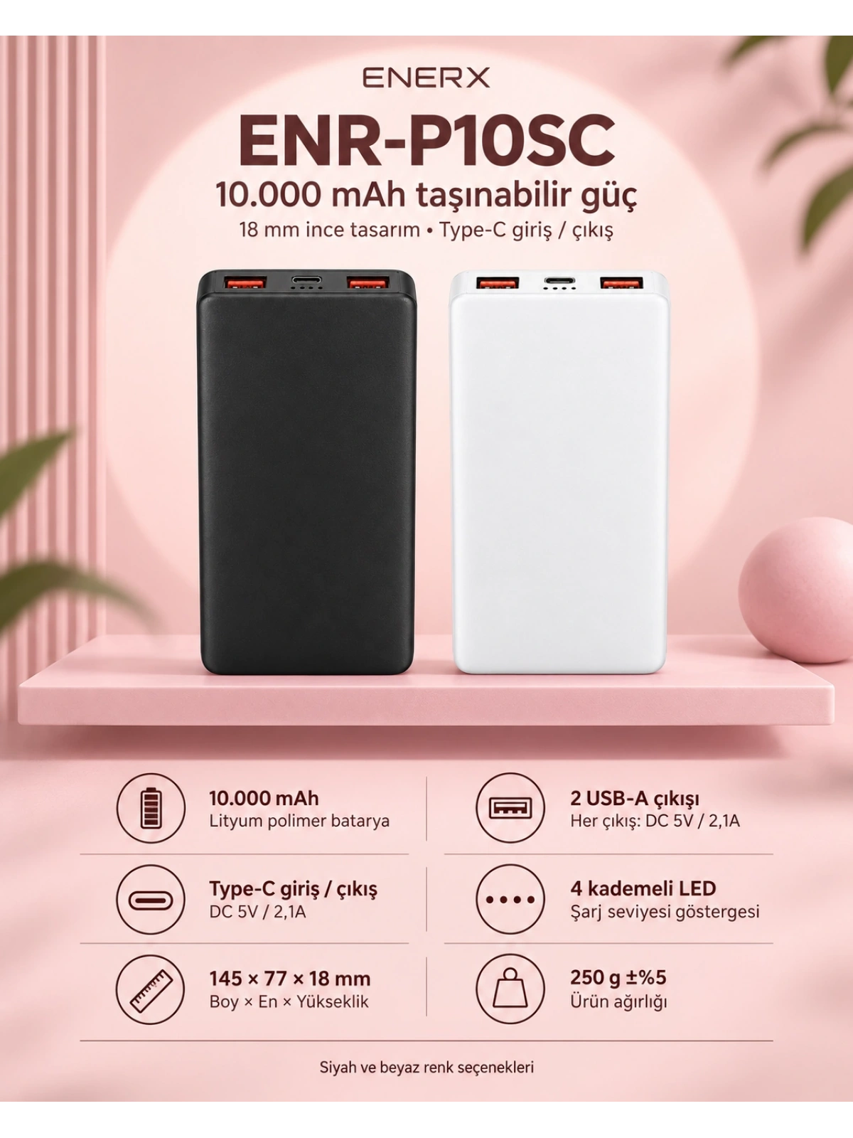 eNeRX ENR-P10SC 10.000 mAh 2.1A Slim Powerbank – Beyaz