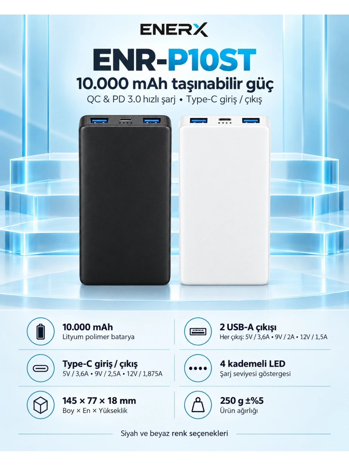 eNeRX ENR-P10ST 10.000 mAh 22.5W Hızlı Şarj Slim Powerbank – Beyaz