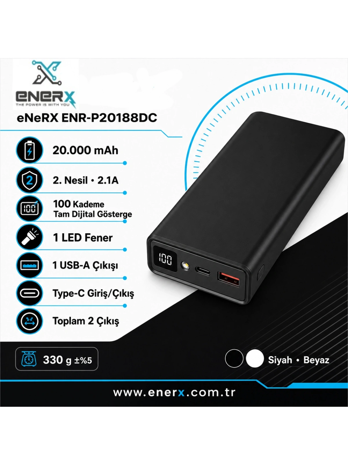 eNeRX ENR-P20188DC 20.000 mAh 2.1A Dijital Göstergeli Powerbank – Siyah
