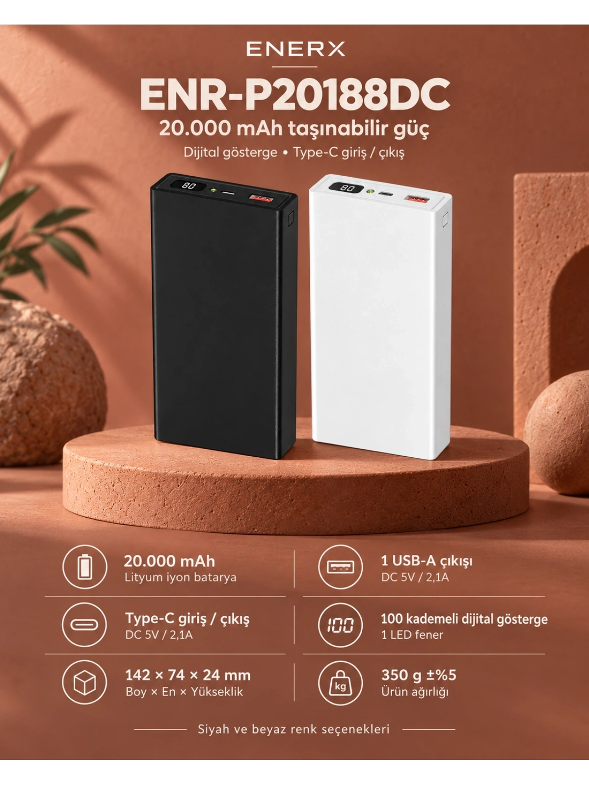 eNeRX ENR-P20188DC 20.000 mAh 2.1A Dijital Göstergeli Powerbank – Siyah