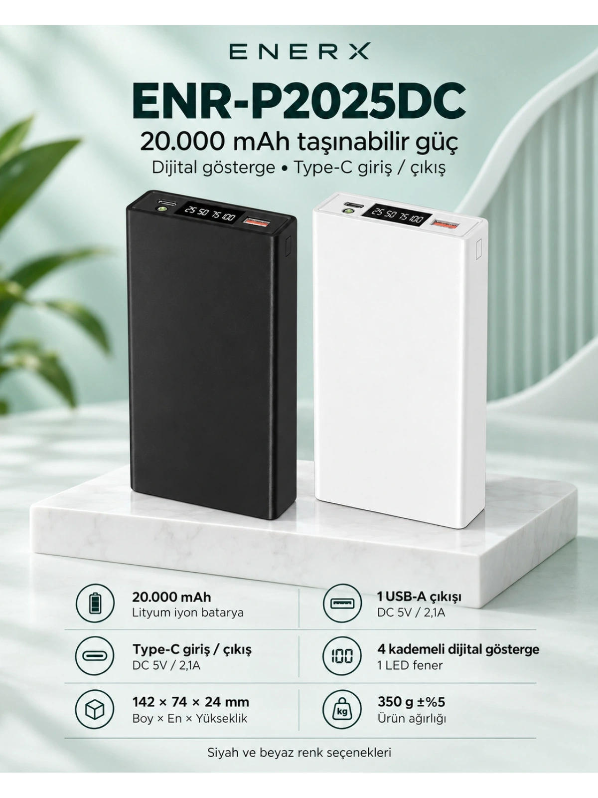 eNeRX ENR-P2025DC 20.000 mAh 2.1A LED Göstergeli Powerbank – Beyaz