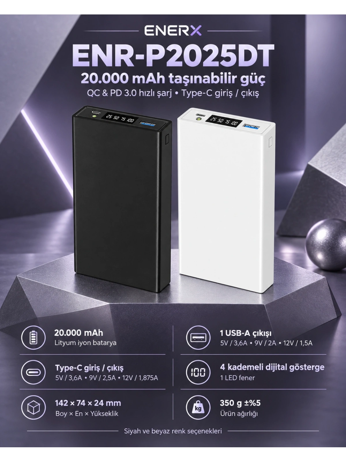eNeRX ENR-P2025DT 20.000 mAh 22.5Watt Hızlı Şarj LED Göstergeli Powerbank – Siyah