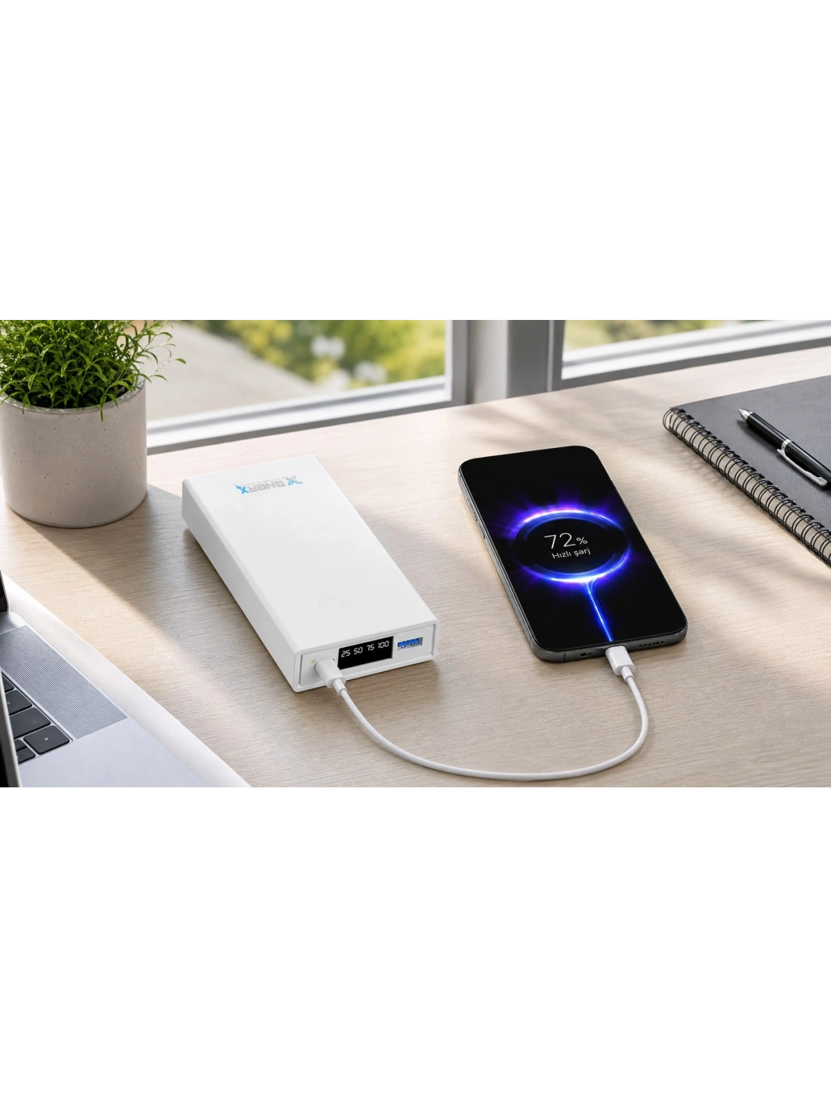 eNeRX ENR-P2025DT 20.000 mAh 22.5Watt Hızlı Şarj LED Göstergeli Powerbank – Beyaz