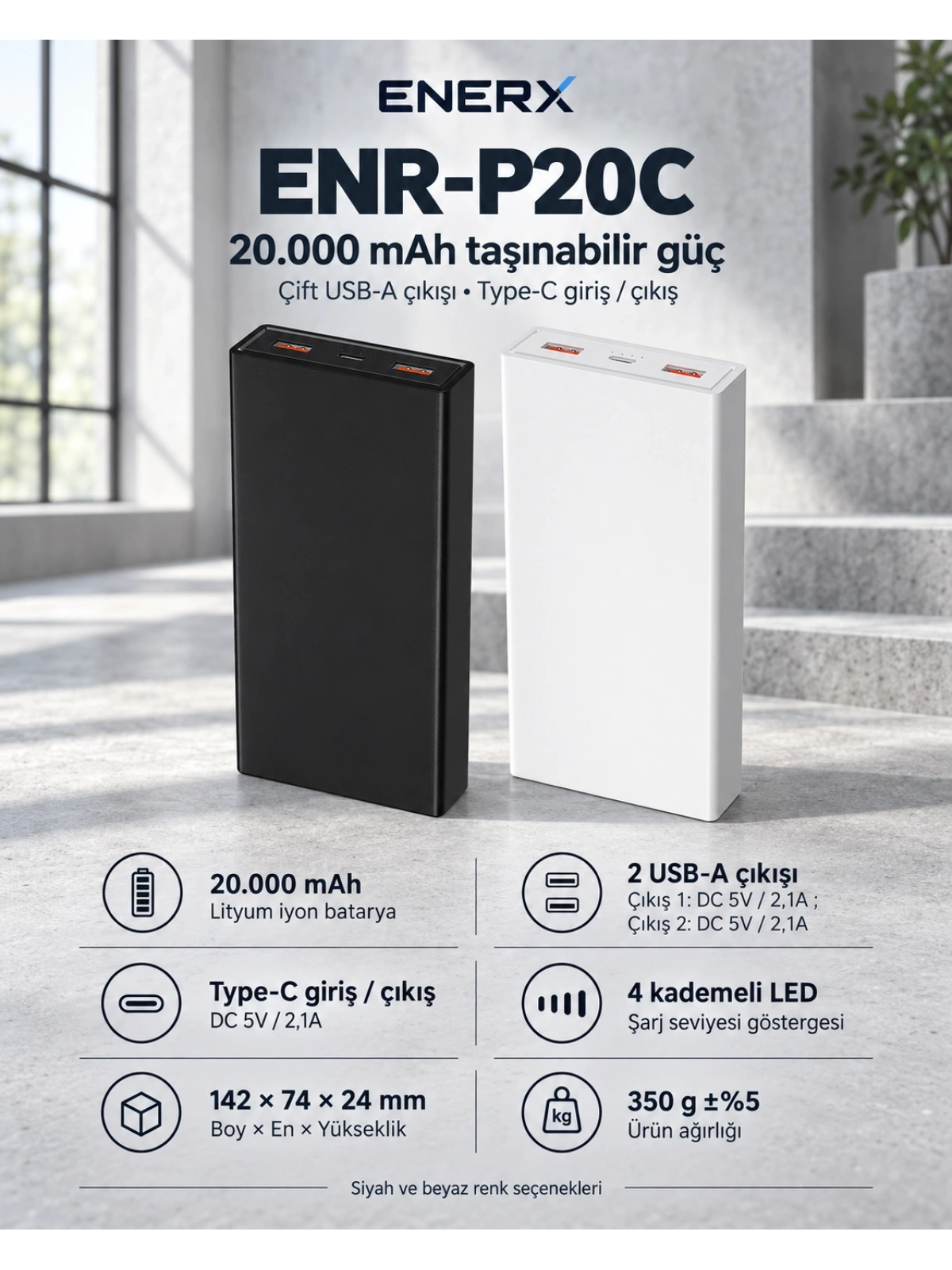 eNeRX ENR-P20C 20.000 mAh 2.1A Powerbank – Siyah