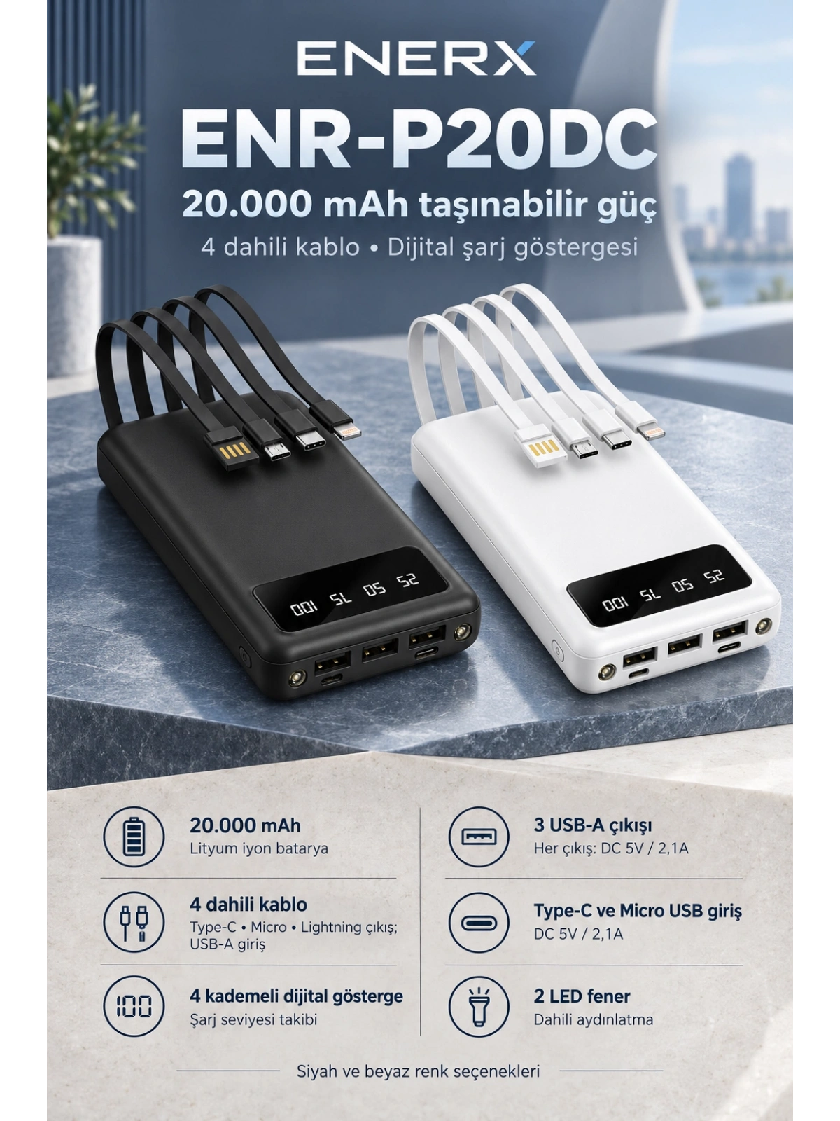 eNeRX ENR-P20DC 20.000 mAh 2.1A Dahili Kablolu Powerbank – Siyah