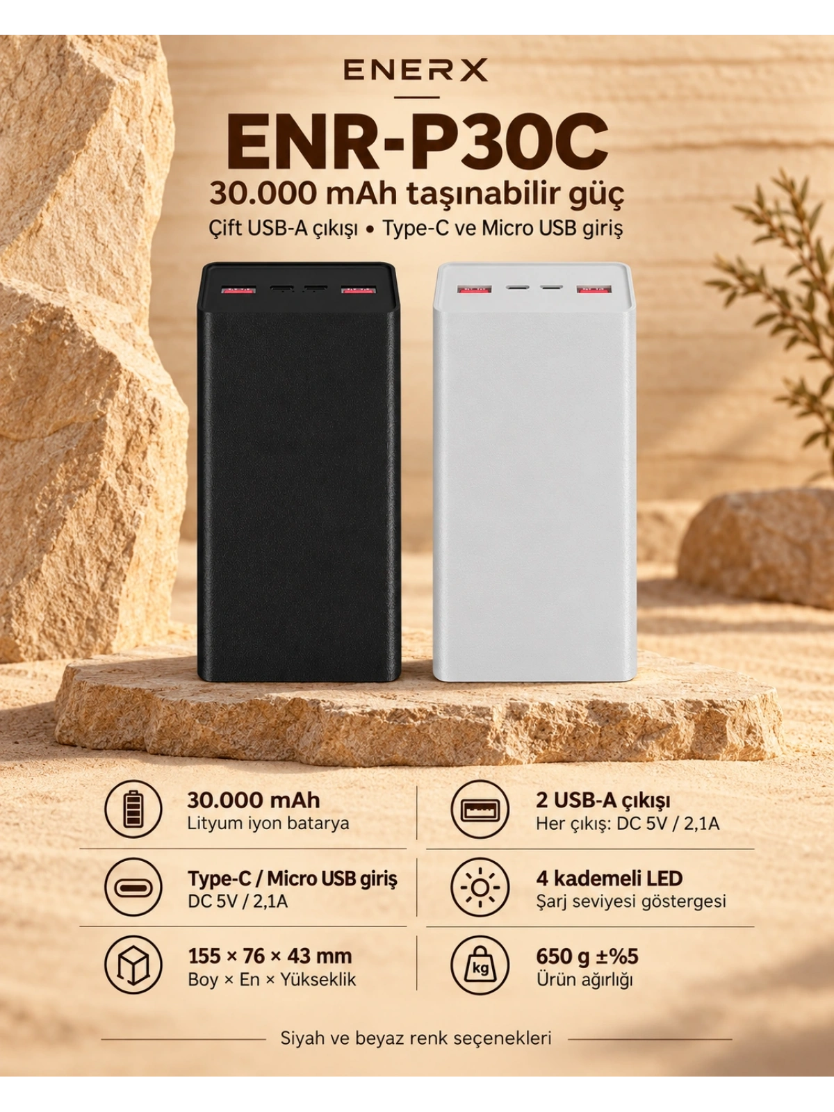 eNeRX ENR-P30C 30.000 mAh 2.1A Powerbank – Siyah