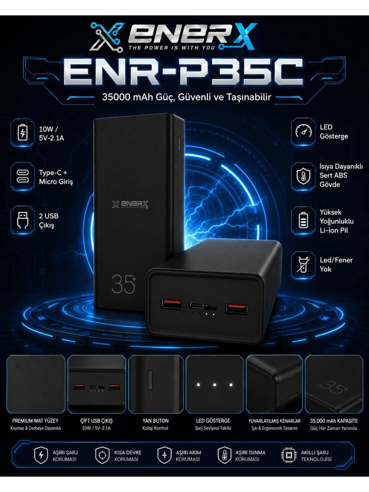 eNeRX ENR-P35C 35.000 mAh 2.1A Powerbank – Siyah