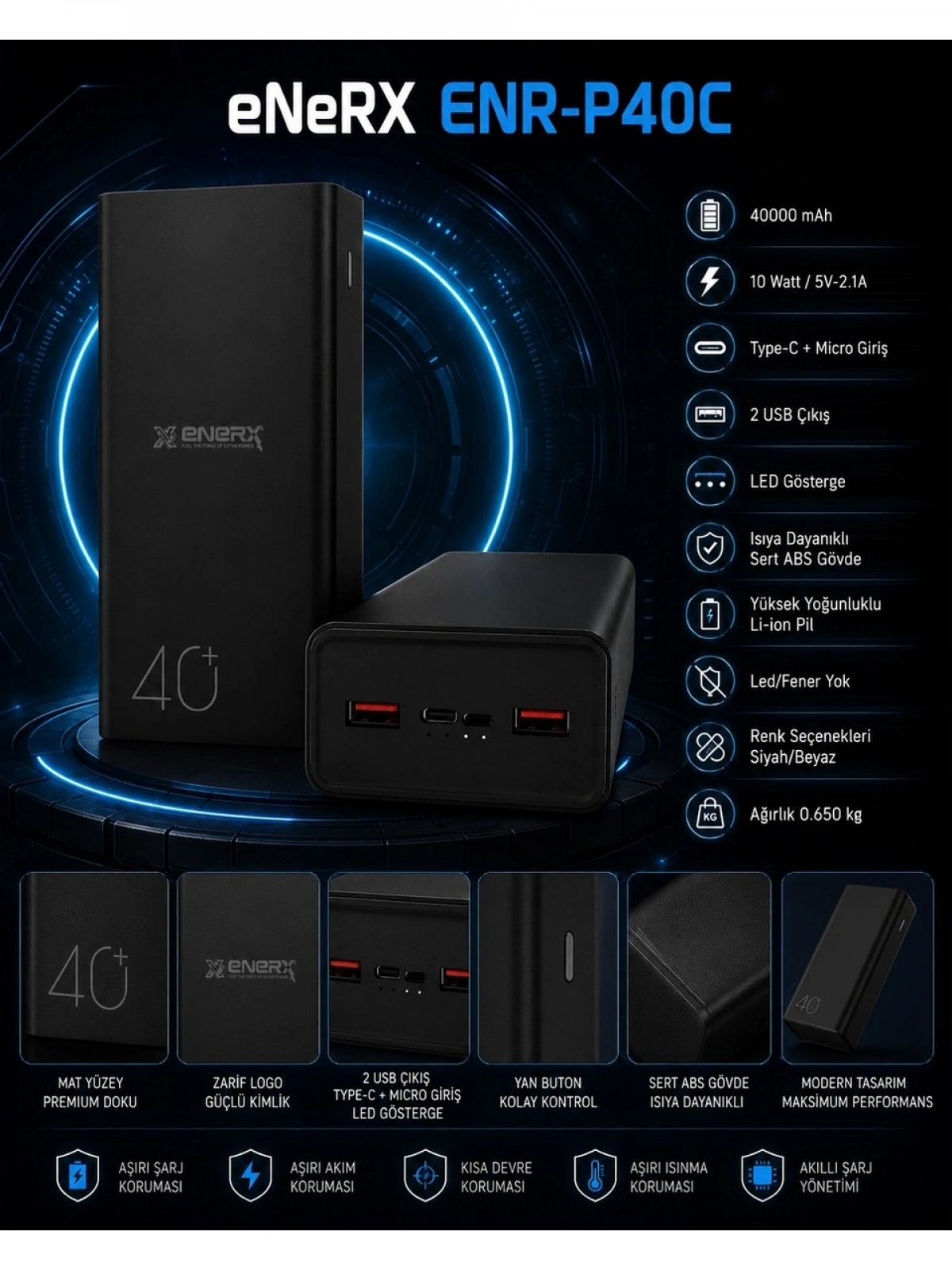 eNeRX ENR-P40C 40.000 mAh 2.1A Powerbank – Siyah