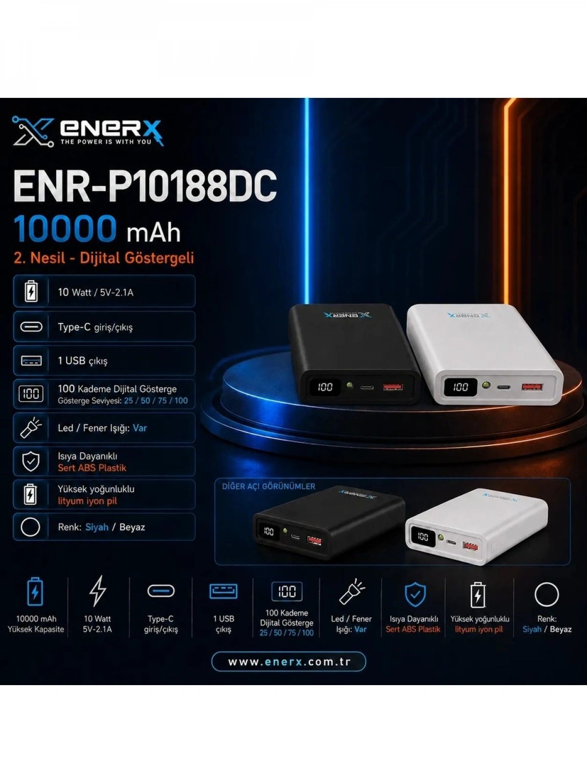 eNeRX ENR-P10188DC 10.000 mAh 2.1A Dijital Göstergeli Powerbank – Beyaz