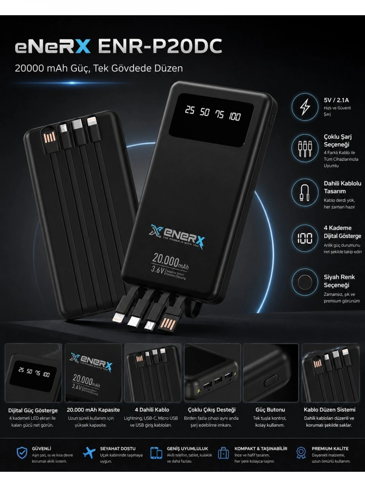 eNeRX ENR-P20DC 20.000 mAh 2.1A Dahili Kablolu Powerbank – Siyah