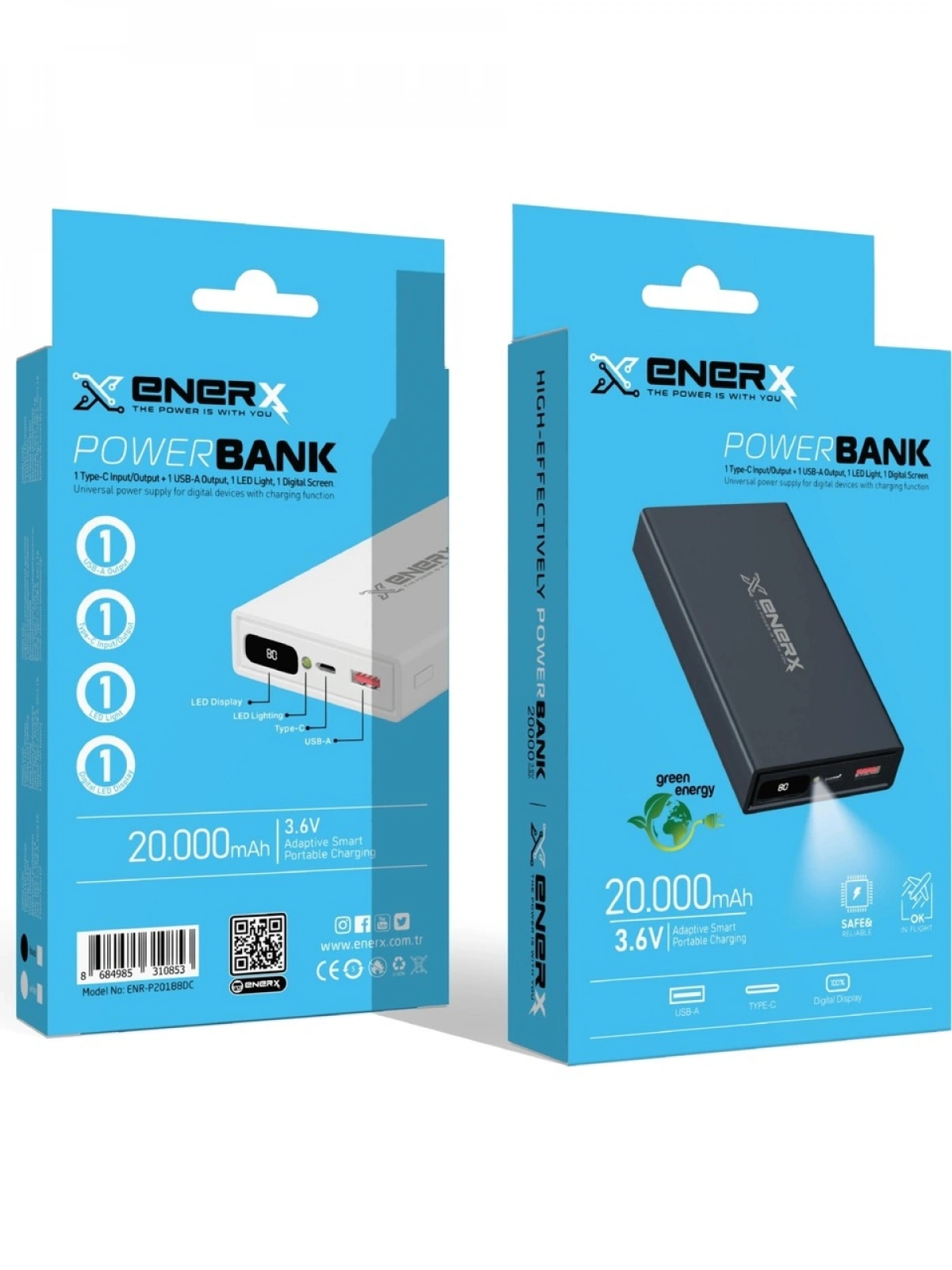 eNeRX ENR-P20188DC 20.000 mAh 2.1A Dijital Göstergeli Powerbank – Siyah