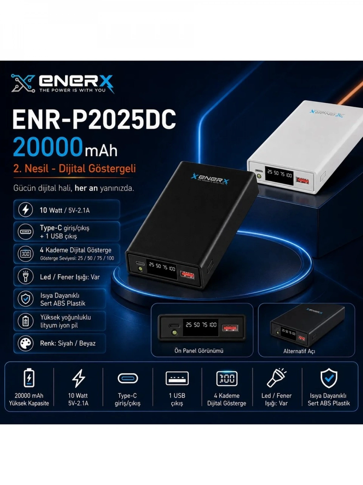 eNeRX ENR-P2025DC 20.000 mAh 2.1A LED Göstergeli Powerbank – Beyaz
