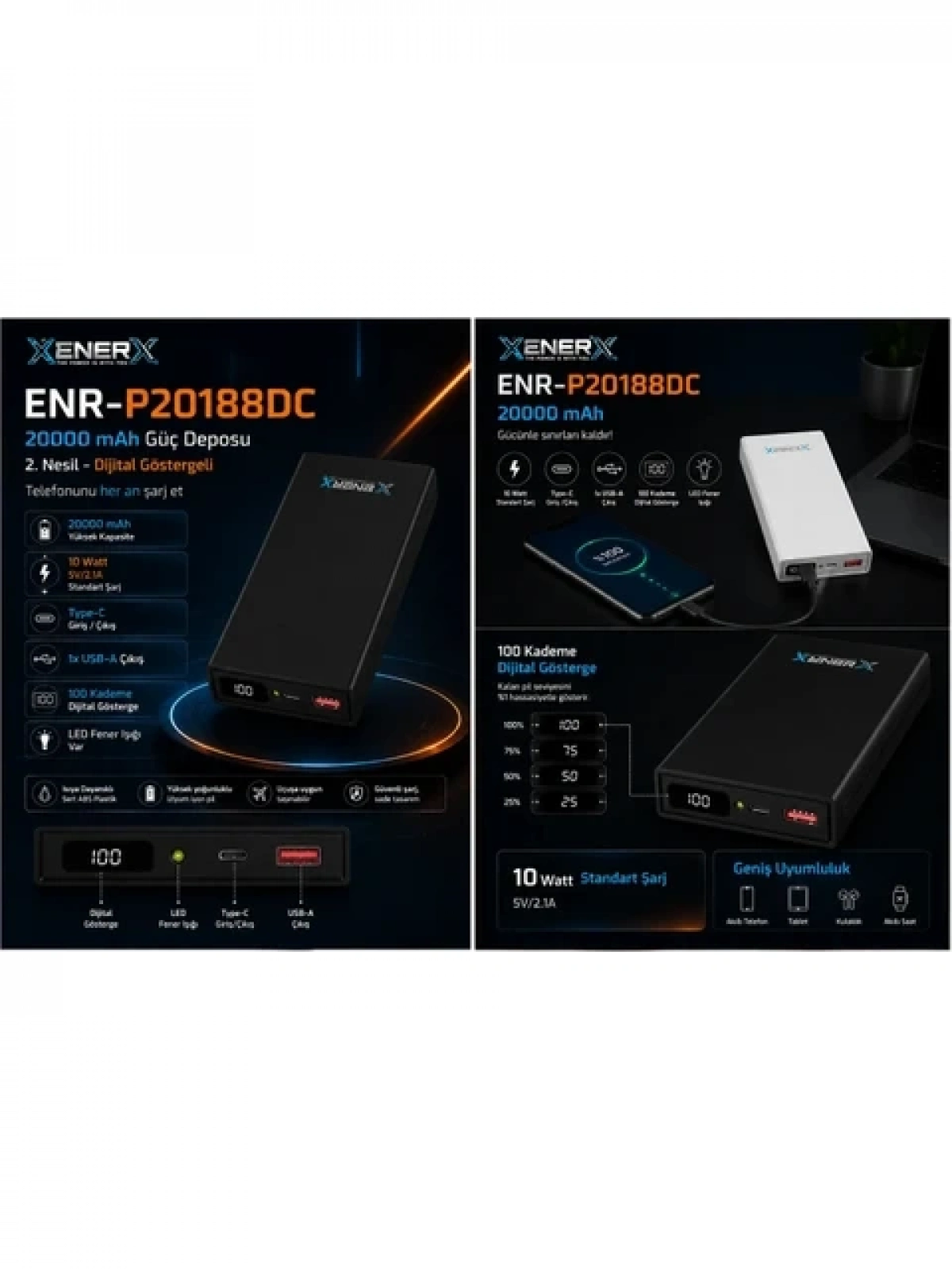 eNeRX ENR-P20188DC 20.000 mAh 2.1A Dijital Göstergeli Powerbank – Beyaz
