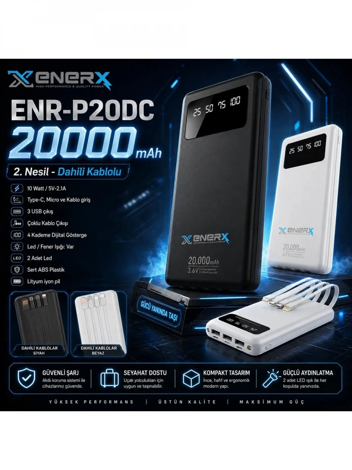 eNeRX ENR-P20DC 20.000 mAh 2.1A Dahili Kablolu Powerbank – Siyah